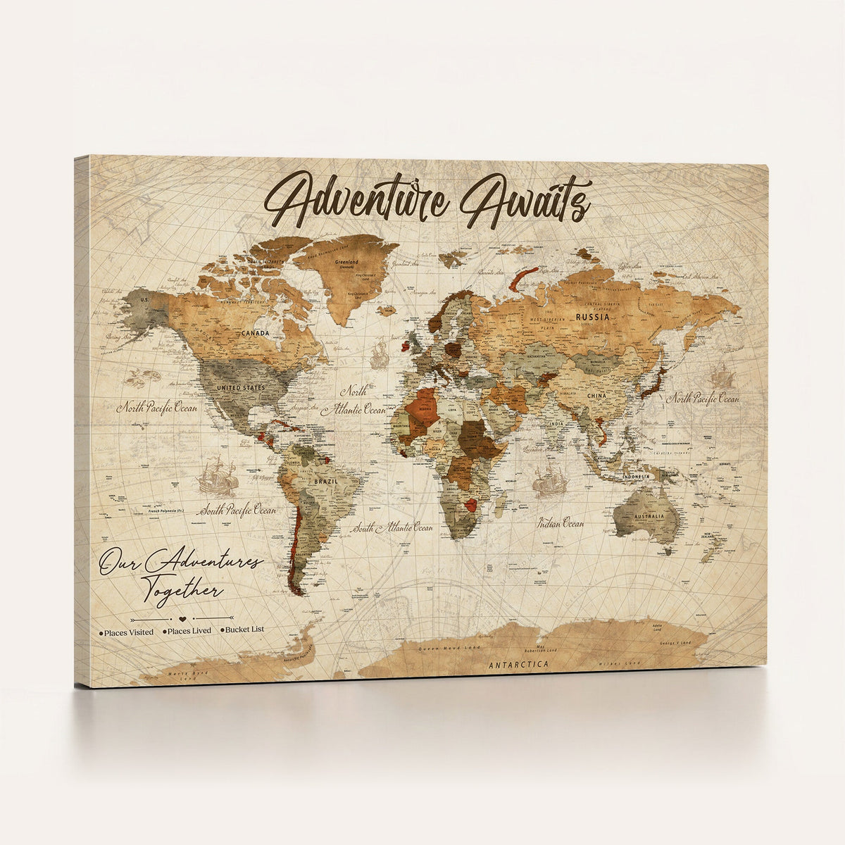 Custom Beige Vintage Push Pin World Map Canvas Print, Couples Countries Visited Map, Dining Room and Hallway Decor