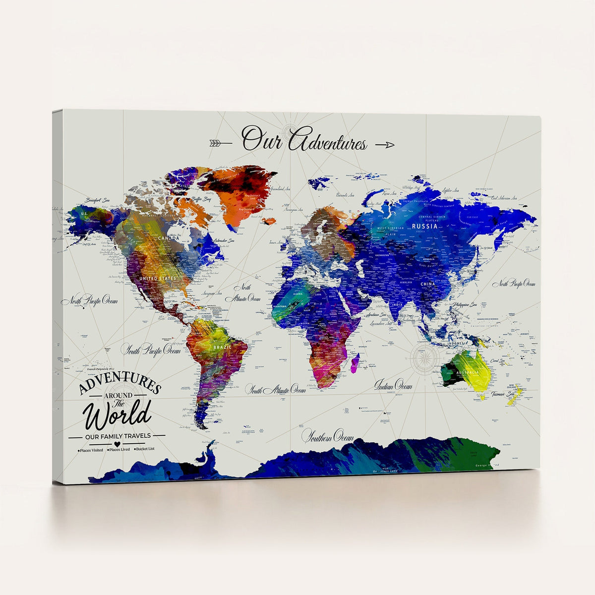 88162438-MGV-CV-36X24 - Our Family Adventures Push Pin World Map Wall Art Canvas Print | Family Travel Tracker Map with Pins