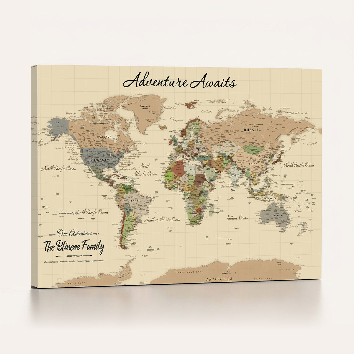 Personalized Beige World Map Canvas with Push Pins, Family Travel Tracker, Living Room and Entryway Decor
