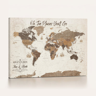Personalized Beige Geometric Family Push Pin World Map Canvas Print, Honeymoon and Anniversary Gift, Living Room and Study Decor