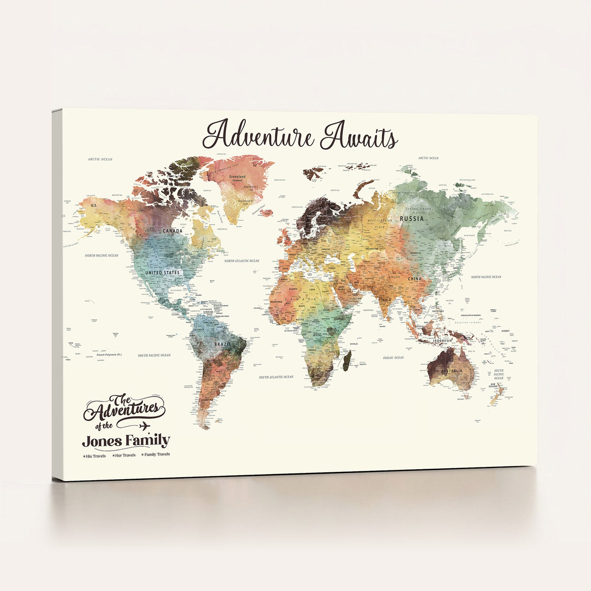 Personalized Framed Beige Modern Push Pin Travel Map Canvas Print, Family Travel Tracker, Bedroom and Home Office Decor