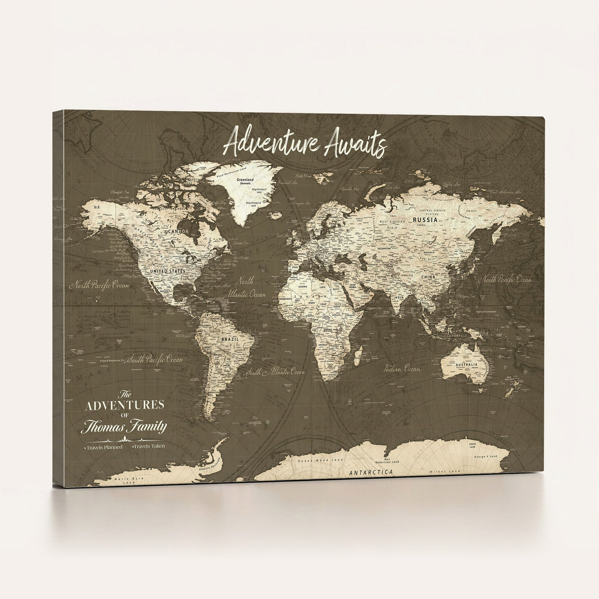 Personalized White Modern World Travel Map Wall Art with Pins, Honeymoon and Anniversary Gift, Living Room and Dining Room Decor