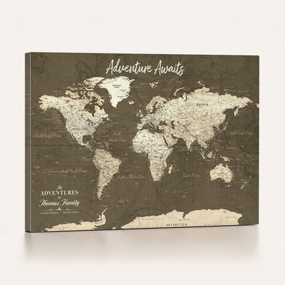 Personalized White Modern World Travel Map Wall Art with Pins, Honeymoon and Anniversary Gift, Living Room and Dining Room Decor