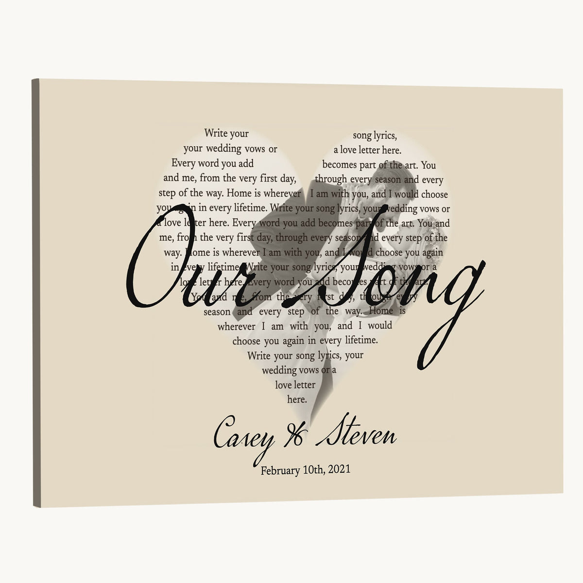 CSTM911D-MGV-CV-36X24 - Lyrics Heart Canvas Print – Personalized Song Lyrics in a Heart Shape Wall Art