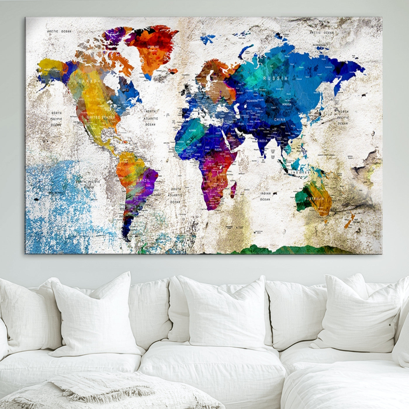Push Pin World Map Canvas Print – Framed Wall Art for Couples to Track Their Travels – Anniversary Gift or Home Adventure Decor