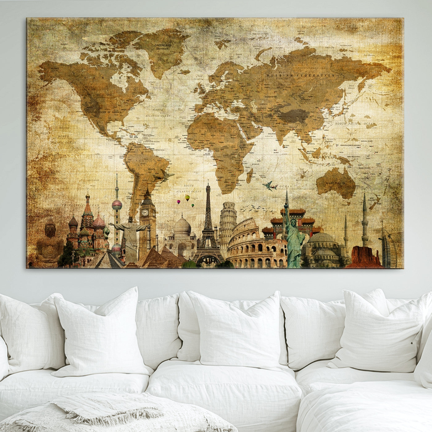 Push Pin World Map Canvas Print – Framed Wall Art for Couples to Track Their Travels – Anniversary Gift or Home Adventure Decor