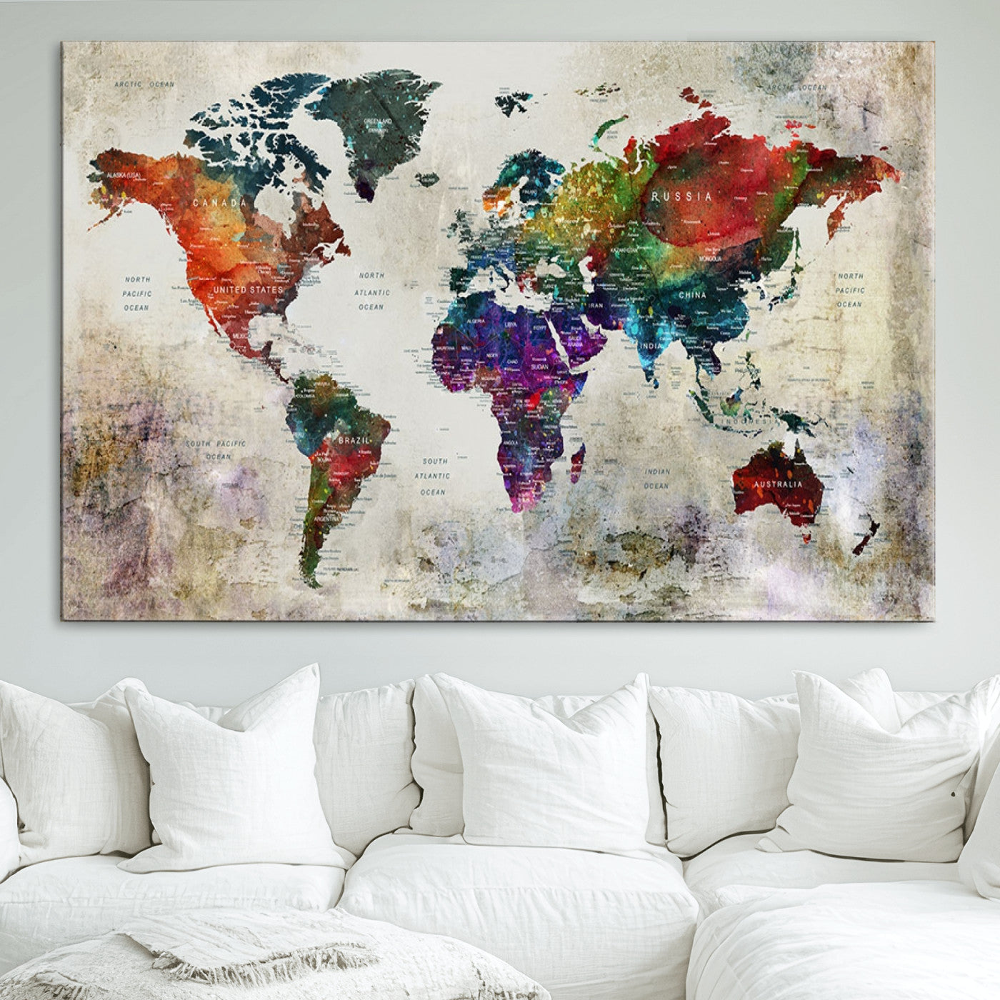 Push Pin World Map Canvas Print – Framed Wall Art for Couples to Track Their Travels – Anniversary Gift or Home Adventure Decor