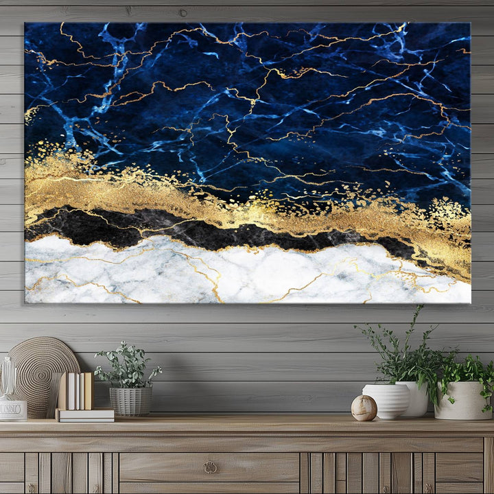 Navy Blue Marble Fluid Effect Wall Art Abstract Canvas Wall Art Print