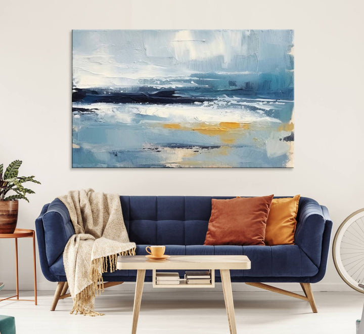 Abstract Ocean Canvas Wall Art - Coastal Blue and Gold Textured Painting, Modern Seascape Decor for Living Room Decor