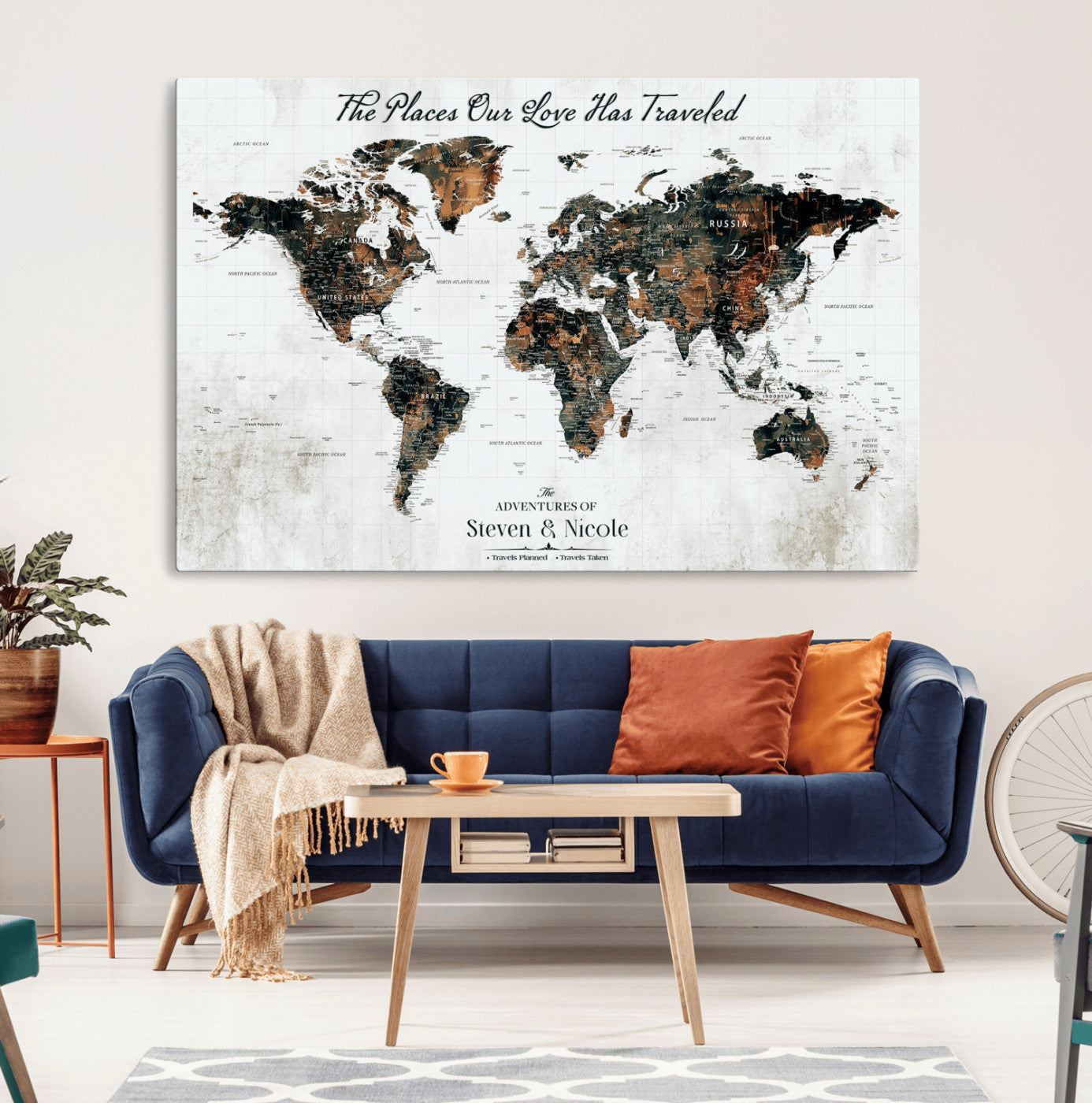 World Travel Map with Pins – Framed Canvas Print to Track Adventures and Create a Visual Travel Journal, Ideal Wall Art for Home - H17