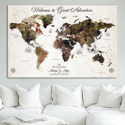 35778202-MGV-CV-36X24-Custom Push Pin World Map Wall Canvas Print – Personalized Travel Map with Pins – Framed Large Canvas for Home Office Decor