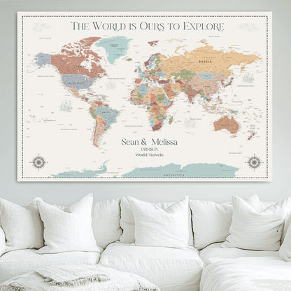 90968866-MGV-CV-36X24-Custom Push Pin World Map Wall Canvas Print – Personalized Travel Tracker with Pins – Framed Large Multi-Size Canvas for Home Office Decor