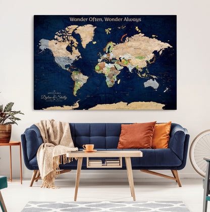 12399561-MGV-CV-30X20-Personalized World Map Print, Customizable Push Pin Framed World Map Print on Canvas - Custom Quote on Map Print