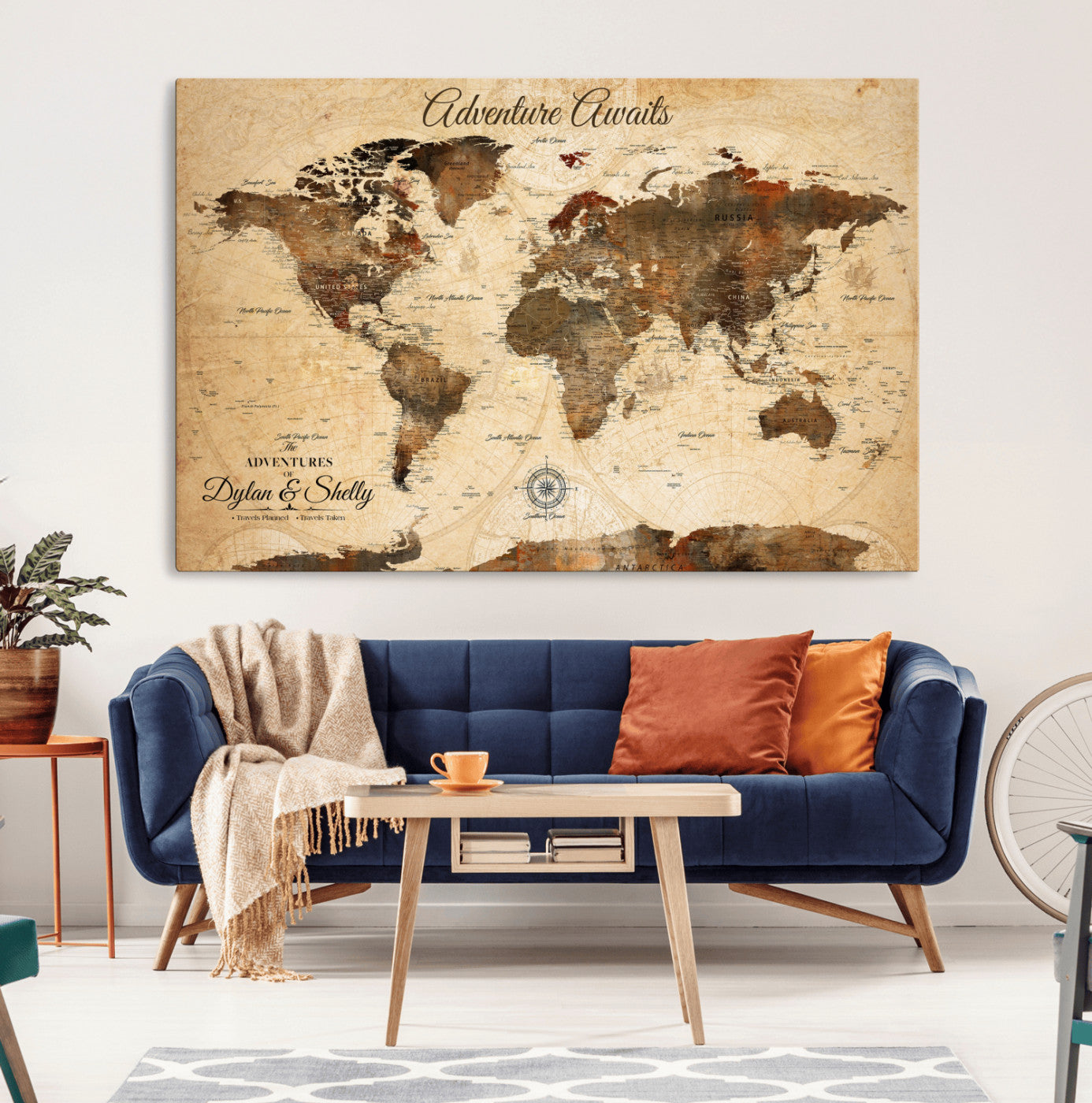 66357947-MGV-CV-36X24-Personalized World Map Print, Customizable Push Pin Framed World Map Print on Canvas - Custom Quote on Map Print