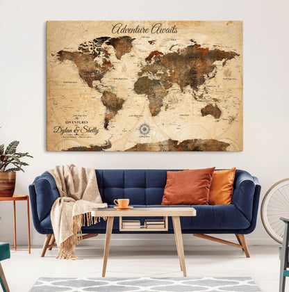 66357947-MGV-CV-36X24-Personalized World Map Print, Customizable Push Pin Framed World Map Print on Canvas - Custom Quote on Map Print