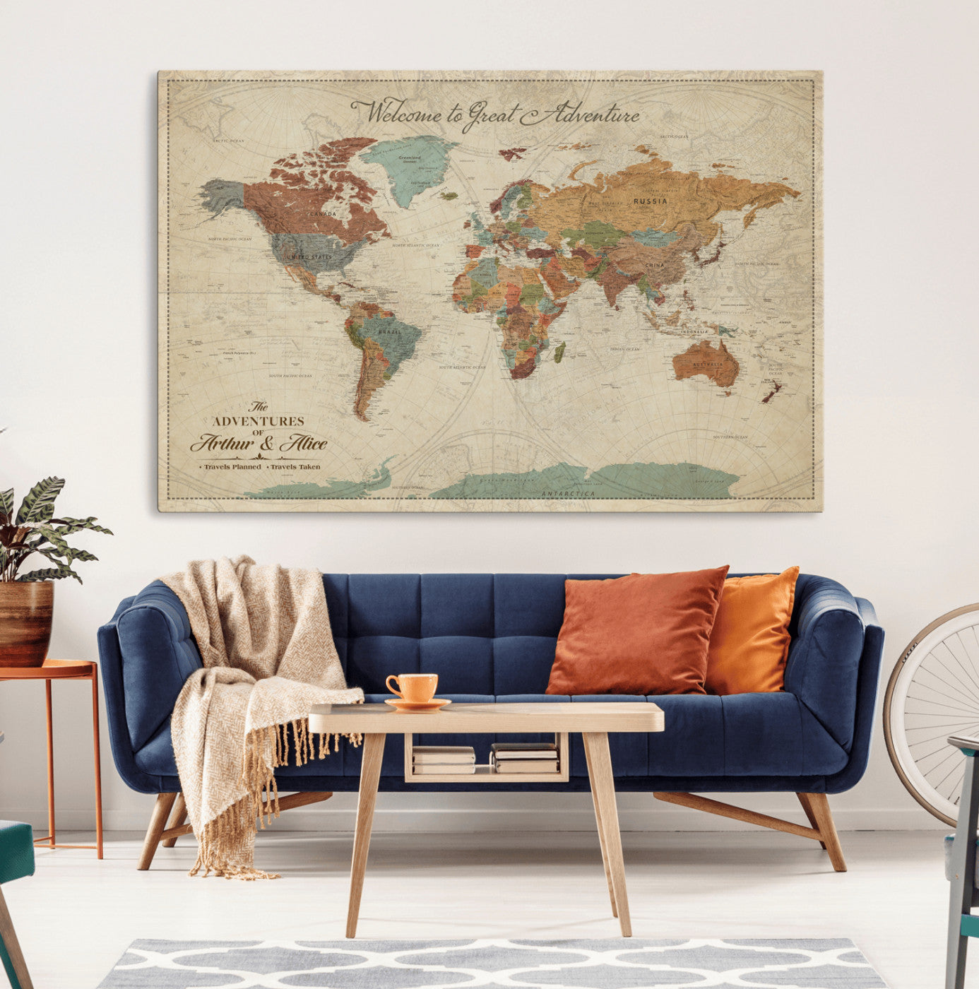 54152425-MGV-CV-36X24-Custom Push Pin World Map Wall Canvas Print – Personalized Travel Tracker with Pins – Framed Custom Map Quotie Canvas for Home Office Decor