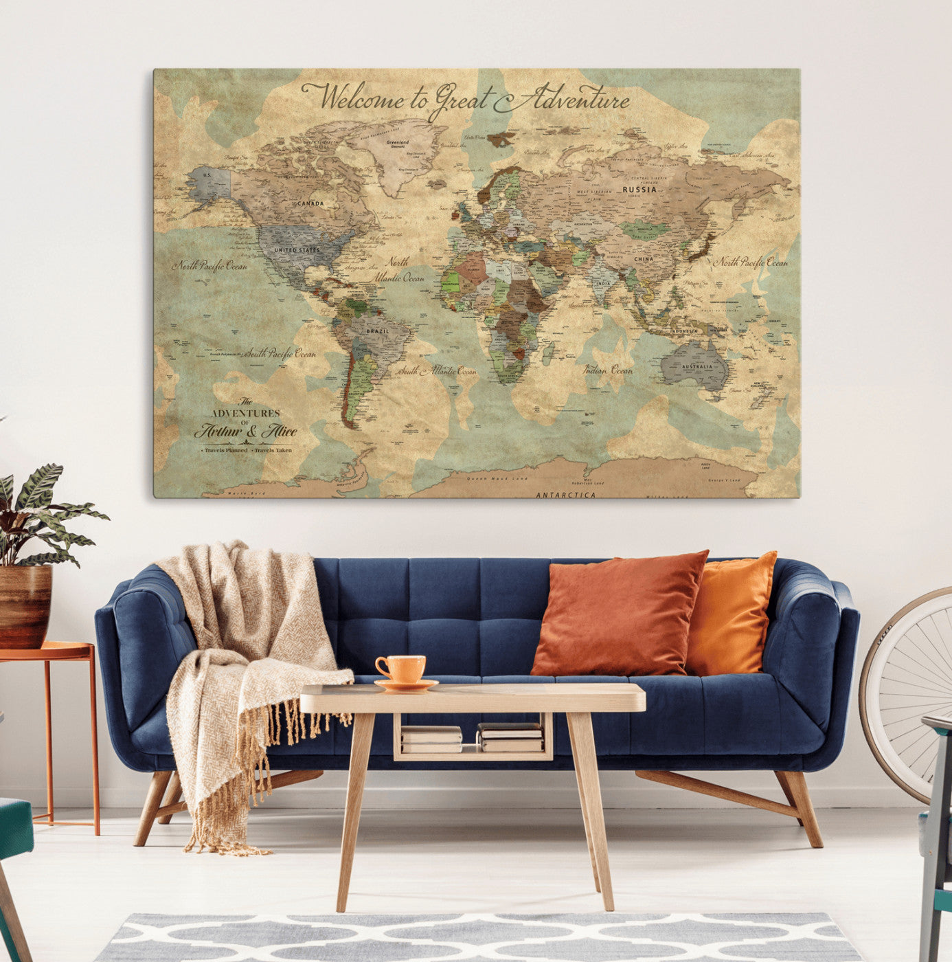 17693651-MGV-CV-36X24-Custom Push Pin World Map Wall Canvas Print – Personalized Travel Tracker with Pins – Framed Custom Quotie Canvas for Home Office Decor Art Print