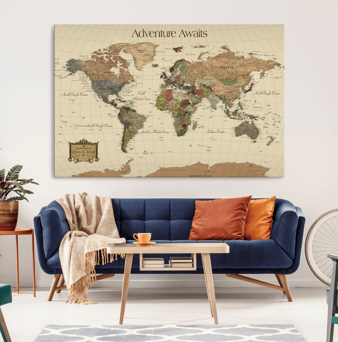 74480507-MGV-CV-36X24-Custom Push Pin World Map Wall Canvas Print – Personalized Travel Tracker with Pins – Framed Custom Quotie Canvas for Home Office Decoration