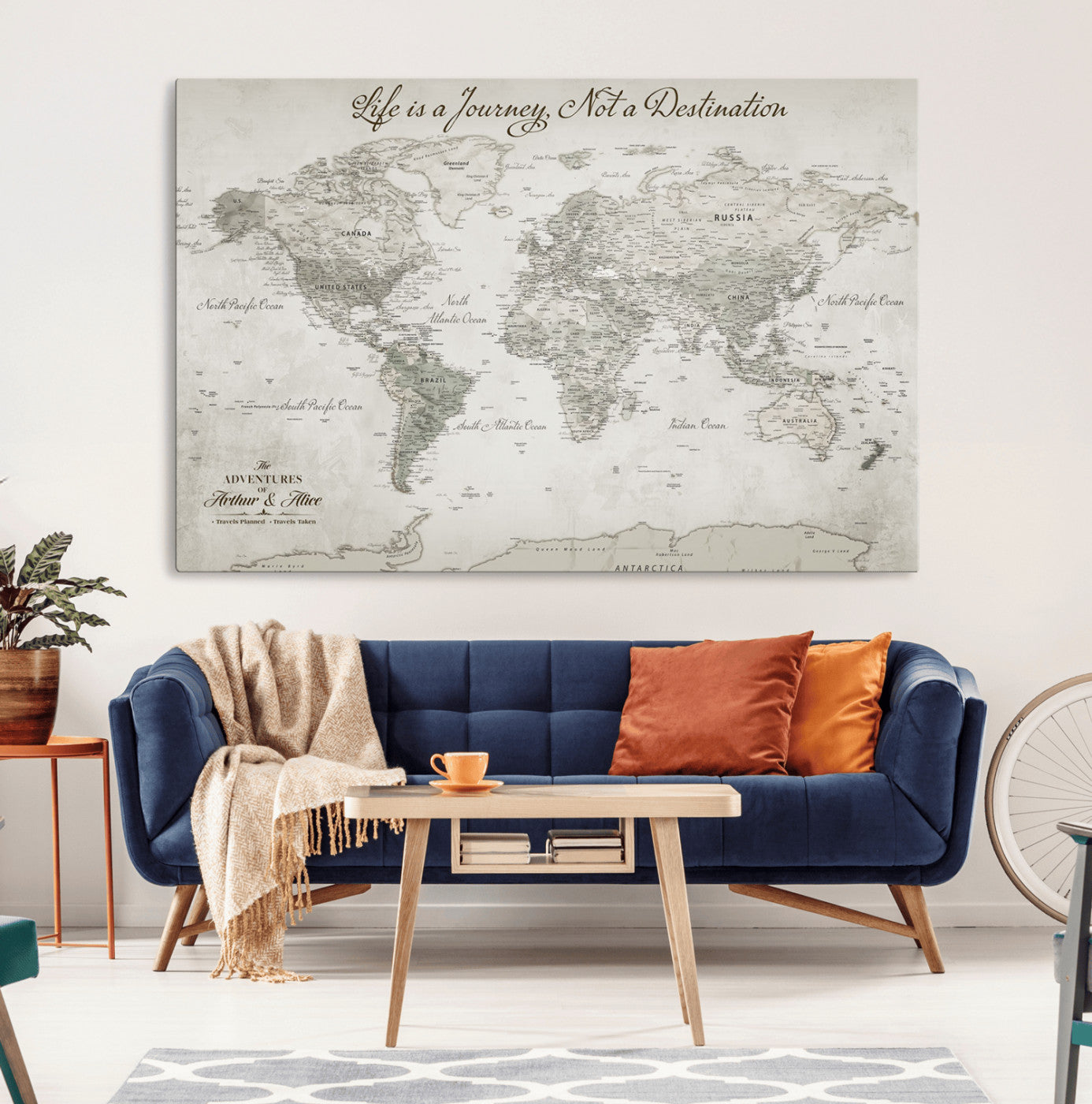 Custom Push Pin World Map Wall Canvas Print – Personalized Travel Tracker with Pins – Framed Custom Quotie Canvas for Home Office Decor