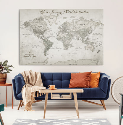Custom Push Pin World Map Wall Canvas Print – Personalized Travel Tracker with Pins – Framed Custom Quotie Canvas for Home Office Decor