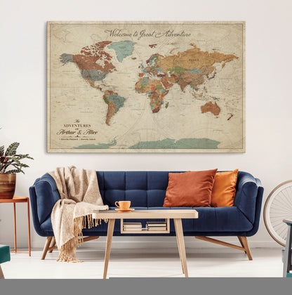 17587858-MGV-CV-36X24-Custom Push Pin World Map Wall Canvas Print – Personalized Travel Tracker with Pins – Framed Custom Quotie Canvas for Home Office Decor