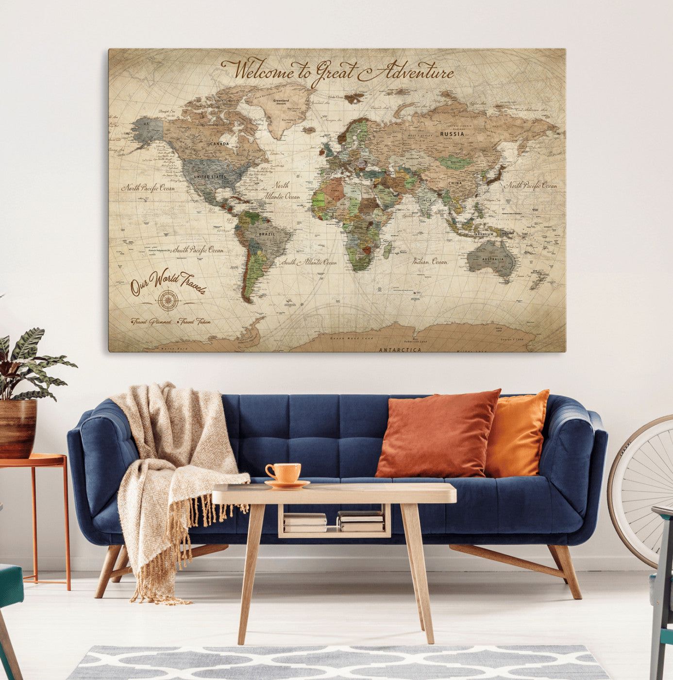 76478536-MGV-CV-30X20-Custom Push Pin World Map Wall Canvas Print – Personalized Travel Tracker with Pins – Framed Custom Quotie Canvas for Home Office Decor