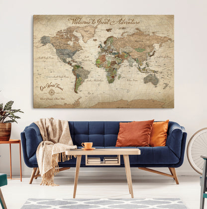 76478536-MGV-CV-30X20-Custom Push Pin World Map Wall Canvas Print – Personalized Travel Tracker with Pins – Framed Custom Quotie Canvas for Home Office Decor