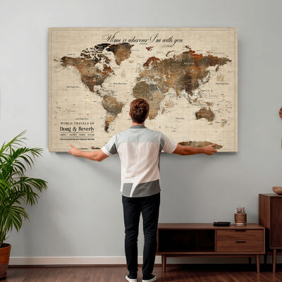 Large Custom Framed Beige Vintage World Travel Map Wall Art with Pins, Couples Countries Visited Map, Living Room and Hallway Decor