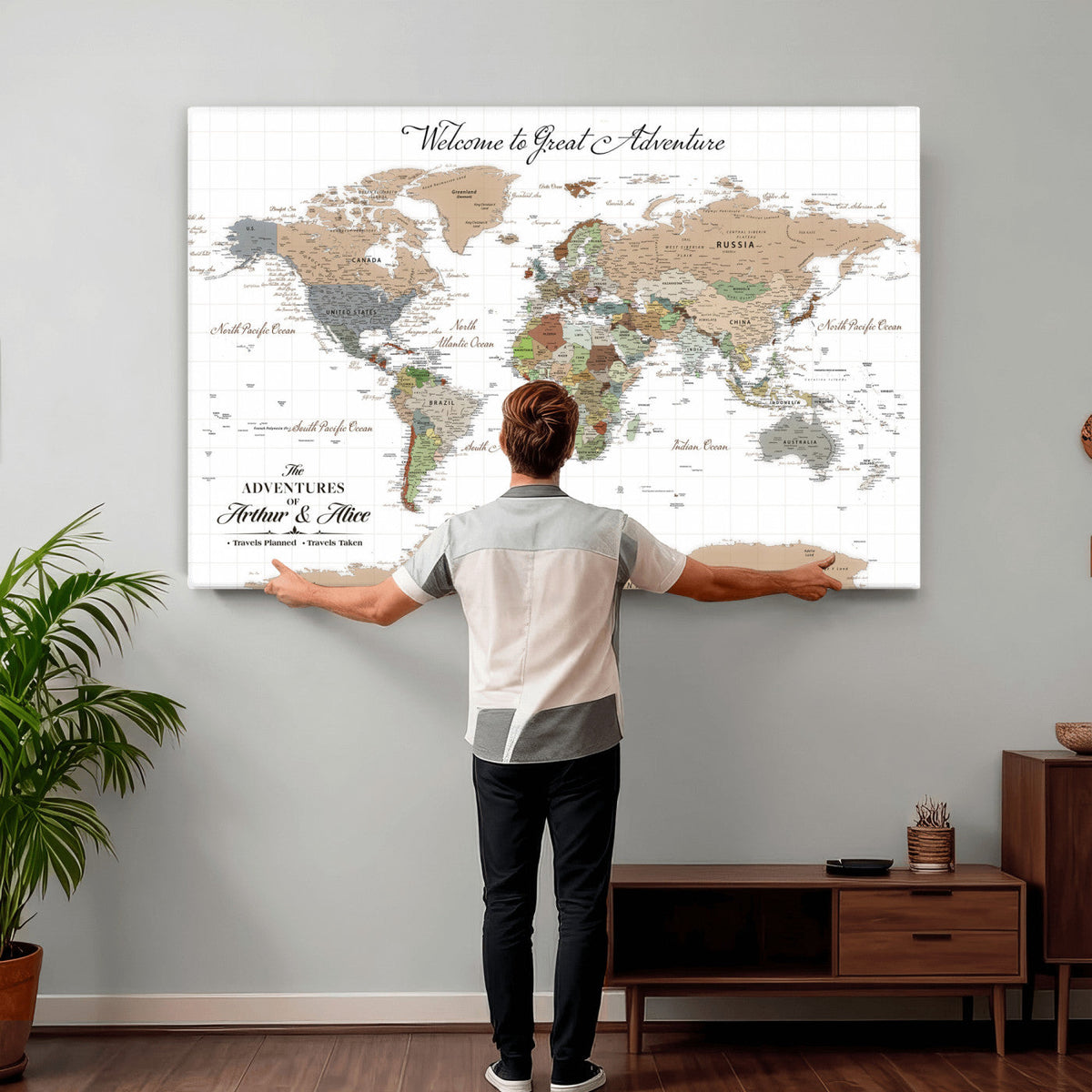 85396539-MGV-CV-36X24 - Custom Beige Push Pin World Map Wall Art, Bucket List Map, Study and Hallway Decor