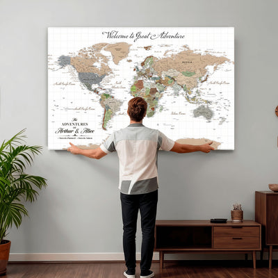 85396539-MGV-CV-36X24 - Custom Beige Push Pin World Map Wall Art, Bucket List Map, Study and Hallway Decor