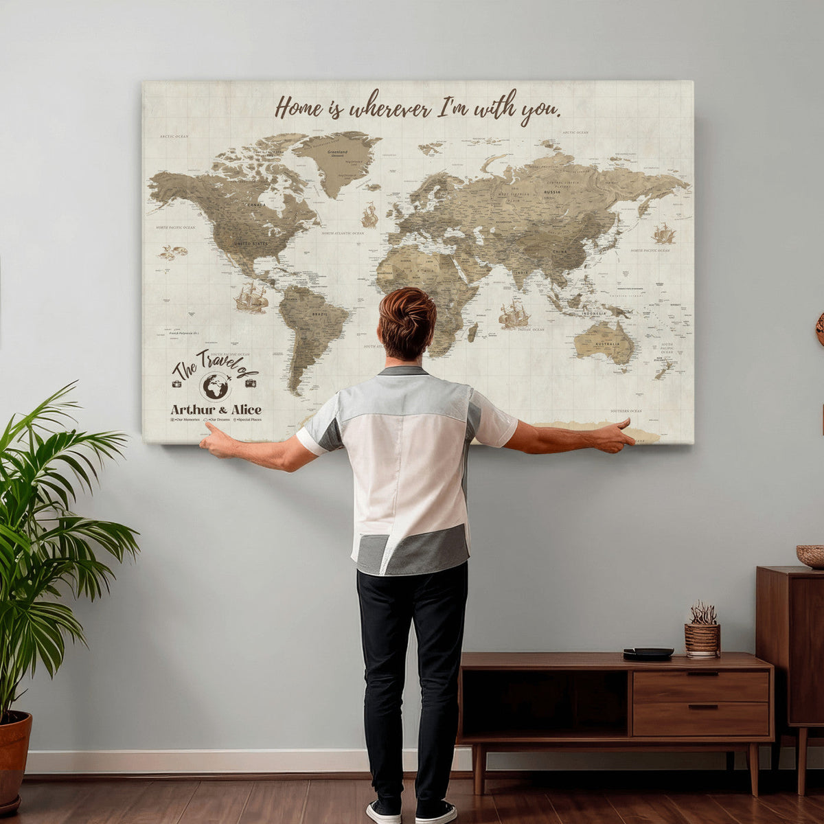 Custom Beige Geometric World Map Canvas with Push Pins, Honeymoon and Anniversary Gift, Dining Room and Hallway Decor
