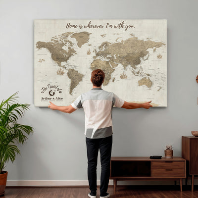 Custom Beige Geometric World Map Canvas with Push Pins, Honeymoon and Anniversary Gift, Dining Room and Hallway Decor