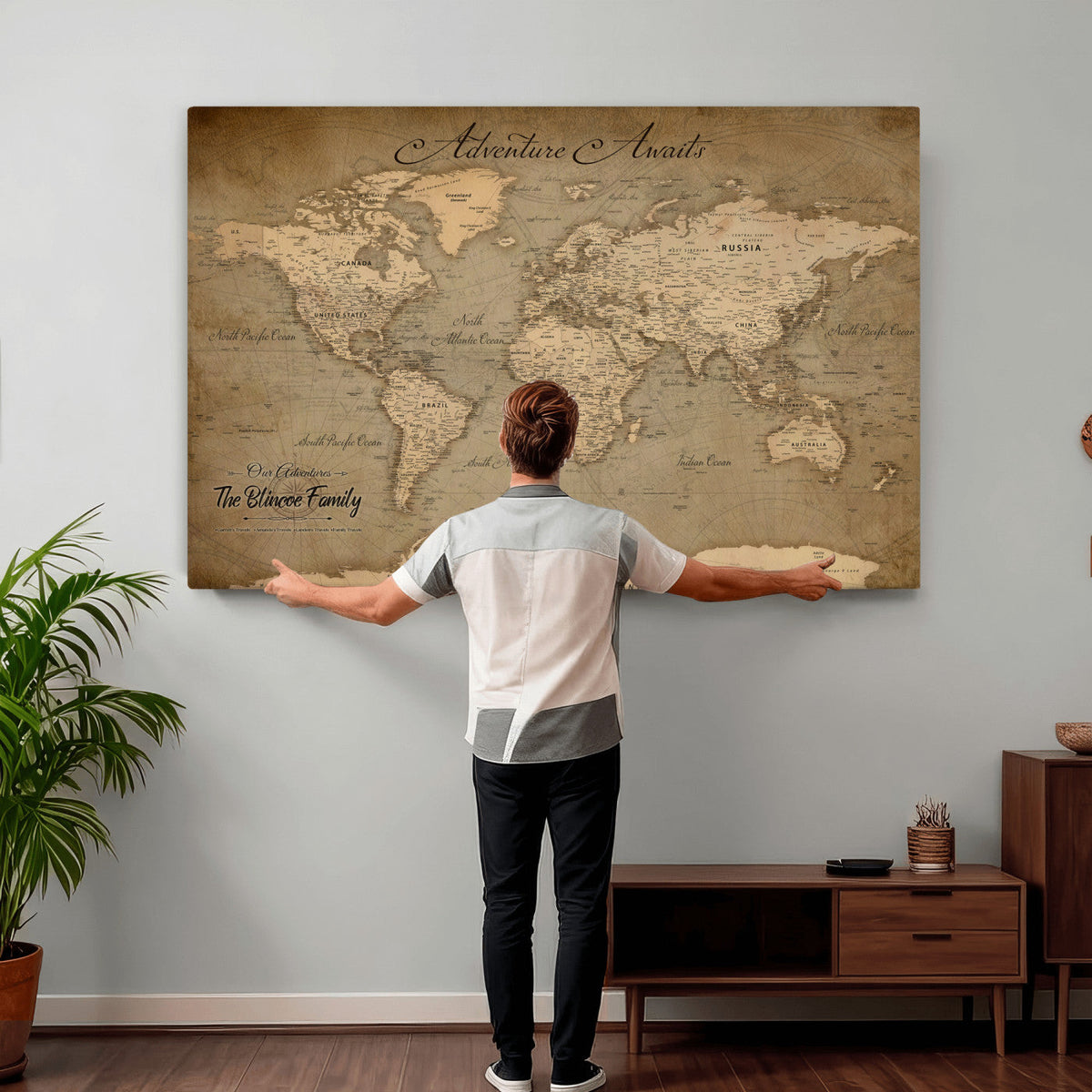 Personalized Framed Beige World Travel Map Wall Art with Pins, Family Travel Tracker, Family Room and Entryway Decor
