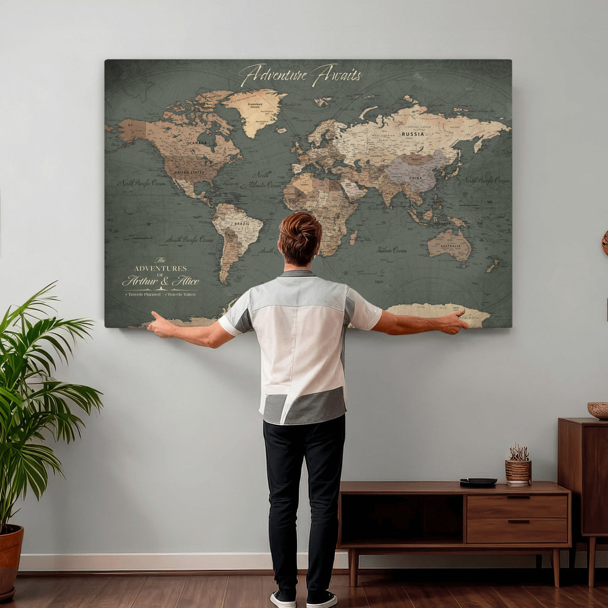 Personalized Framed Beige Modern World Map Canvas with Push Pins, Bucket List Map, Family Room and Dining Room Decor