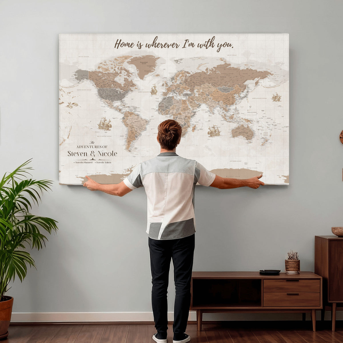 25831578-MGV-CV-36X24 - Custom Push Pin World Map Wall Art Canvas Print | Personalized Travel Tracker with Pins Framed Large for Home and Office Decor