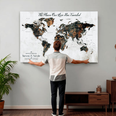 Personalized Beige Push Pin World Map Canvas Print, Honeymoon and Anniversary Gift, Living Room and Dining Room Decor