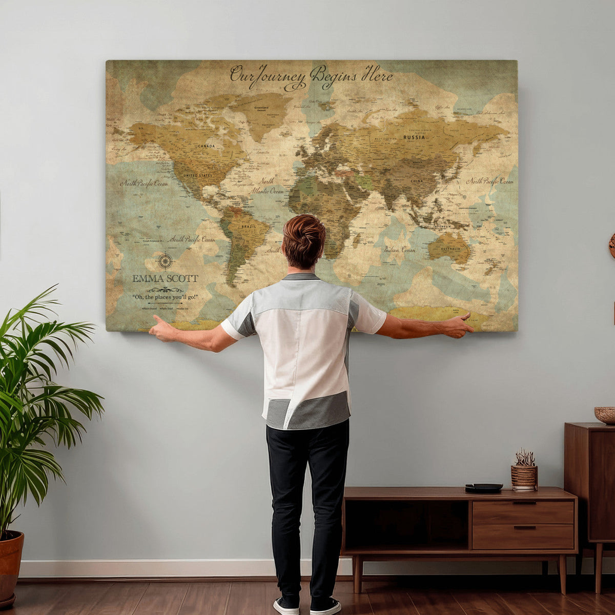 Personalized Navy Push Pin Travel Map Canvas Print, Couples Countries Visited Map, Living Room and Dining Room Decor