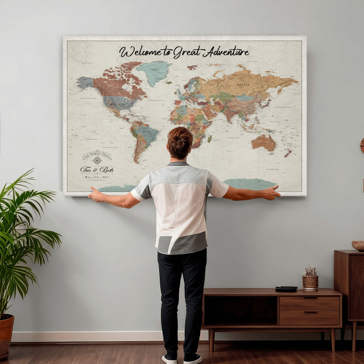 Custom Beige Push Pin World Map Canvas Print, Bucket List Map, Dining Room and Home Office Decor