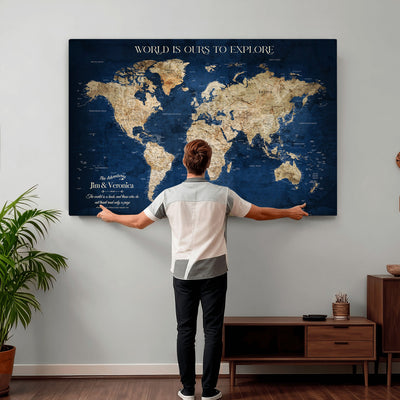 35296308-MGV-CV-36X24 - Custom Push Pin World Map Wall Art Canvas Print | Personalized Travel Tracker with Pins Framed Large for Home and Office Decor