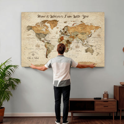 Personalized Framed Black Modern Push Pin World Map Wall Art, Couples Countries Visited Map, Dining Room and Hallway Decor