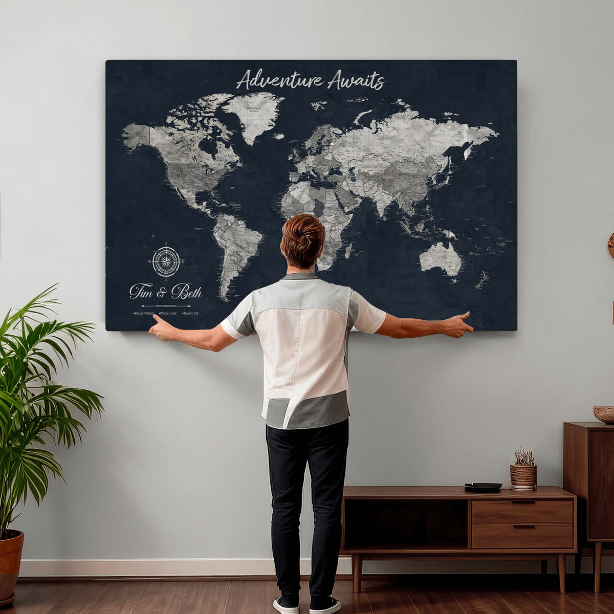 Personalized Framed Beige Vintage Push Pin World Map Wall Art, Bucket List Map, Study and Hallway Decor