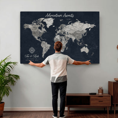Personalized Framed Beige Vintage Push Pin World Map Wall Art, Bucket List Map, Study and Hallway Decor