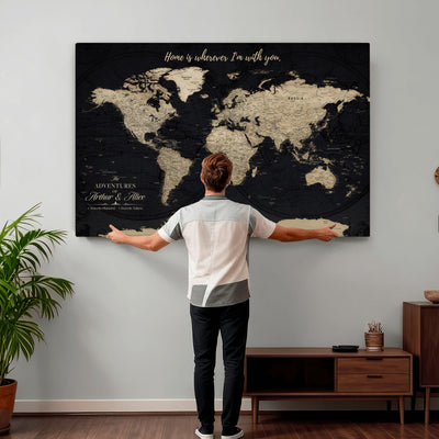 Personalized Framed Beige Modern Push Pin World Map Canvas Print, Places Visited Tracker, Family Room and Bedroom Decor