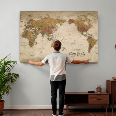 Personalized Framed Navy Modern World Map Canvas with Push Pins, Bucket List Map, Living Room and Entryway Decor