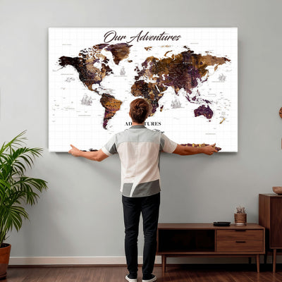 Personalized Framed Beige Vintage Push Pin Travel Map Canvas Print, Next Trip Planner Map, Home Office and Entryway Decor