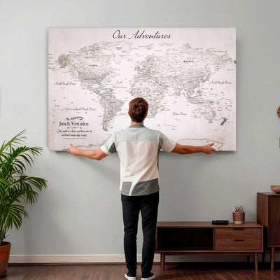 Personalized Beige Vintage World Travel Map Wall Art with Pins, Honeymoon and Anniversary Gift, Entryway and Hallway Decor