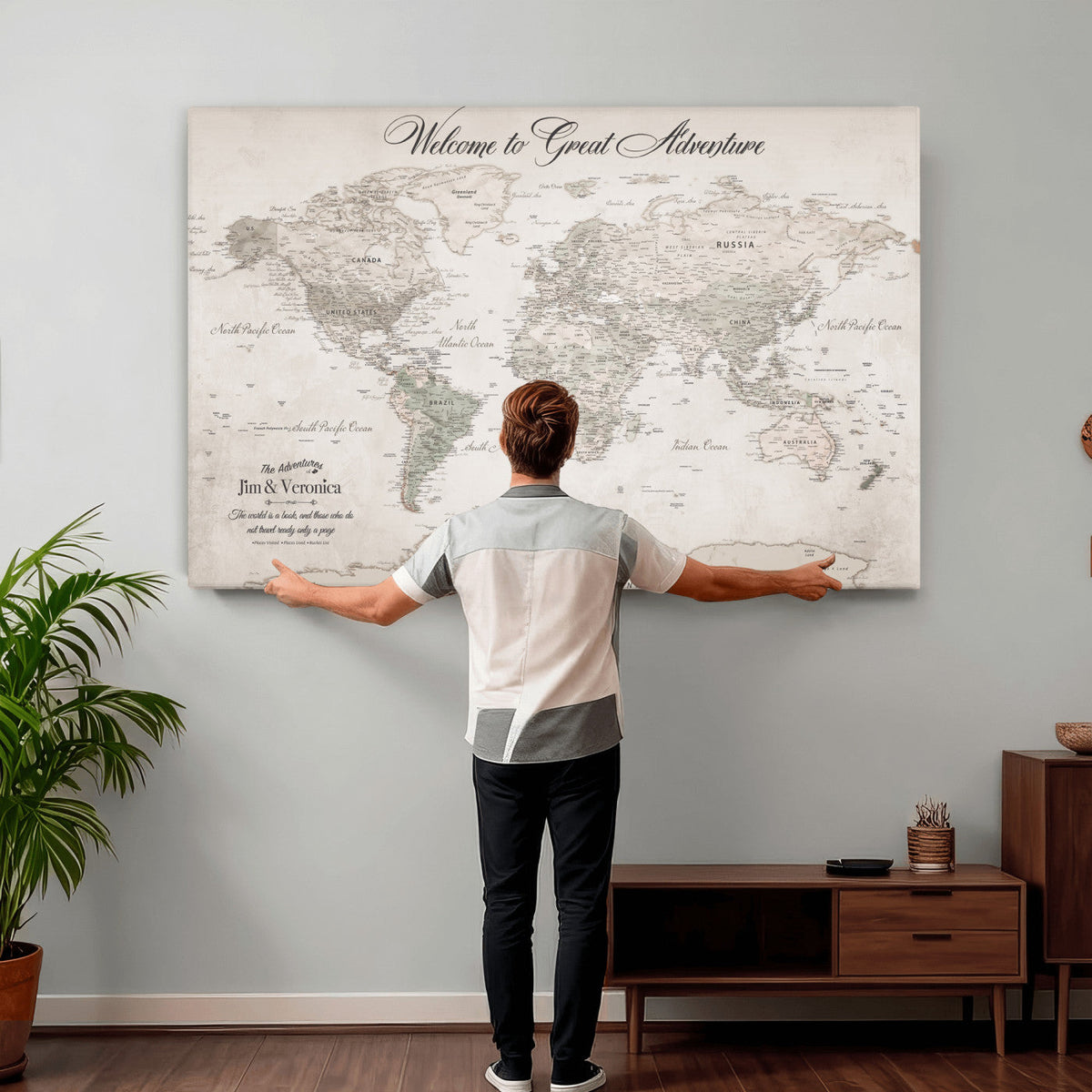 84311132-MGV-CV-36X24 - Personalized Beige World Map Canvas with Push Pins, Places Visited Tracker, Family Room and Entryway Decor