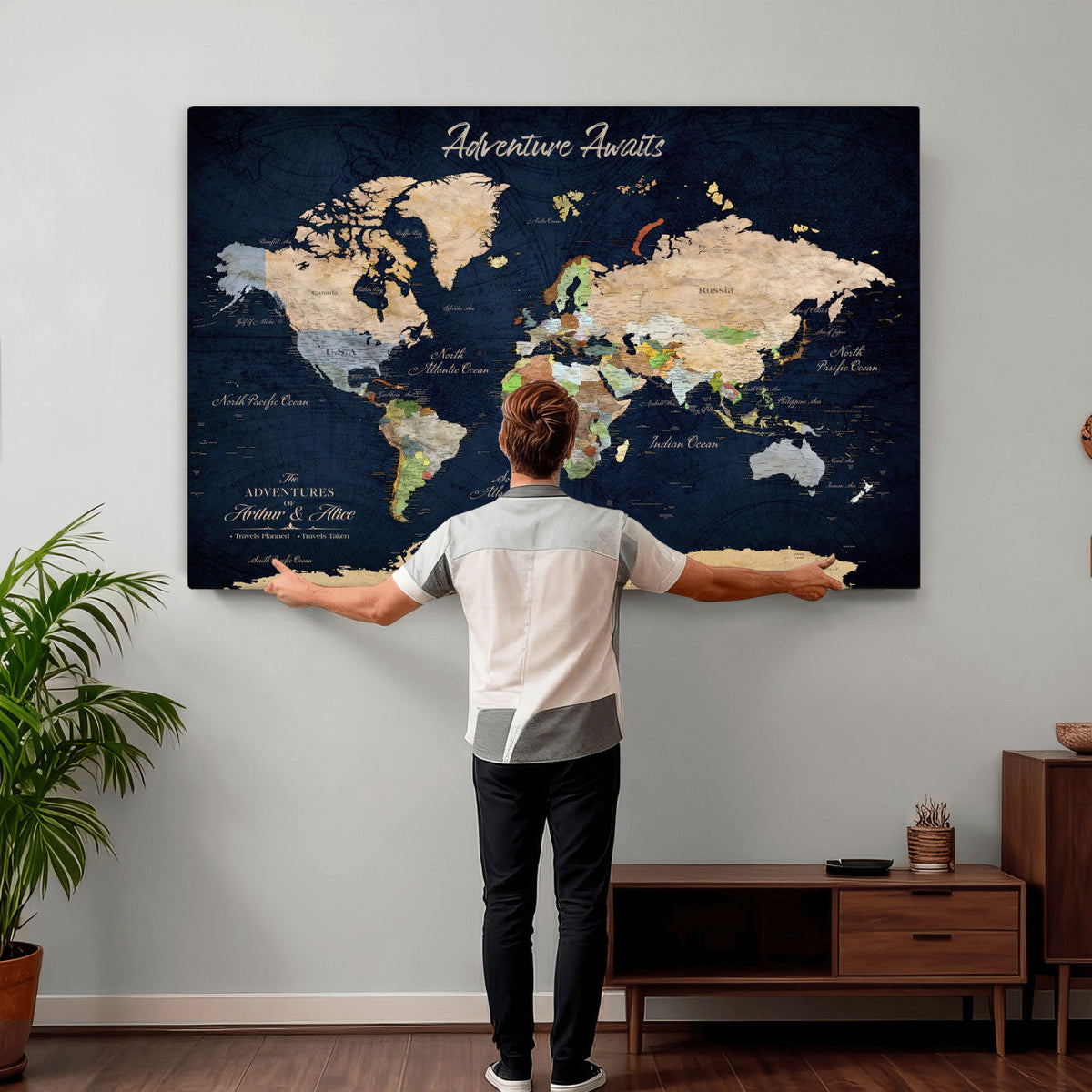 Personalized Beige Antique Push Pin Travel Map Canvas Print, Bucket List Map, Dining Room and Entryway Decor