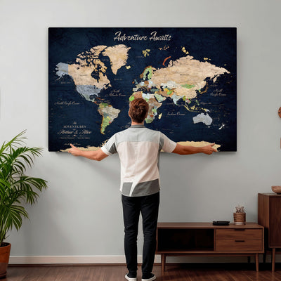 Personalized Beige Antique Push Pin Travel Map Canvas Print, Bucket List Map, Dining Room and Entryway Decor