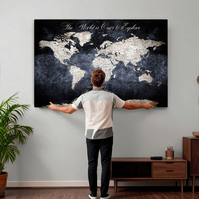Personalized Beige Modern Push Pin Travel Map Canvas Print, Places Visited Tracker, Study and Entryway Decor
